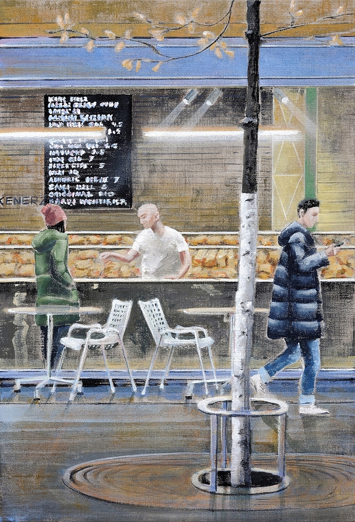 Bahnhofstrasse 9 — 2025, Acryl auf Leinwand, 68 × 46 cm
