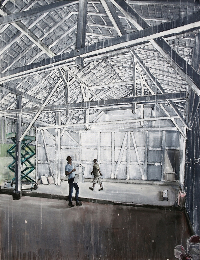 Fliegerhangar — 2019, Acryl auf Leinwand, 201 × 154 cm