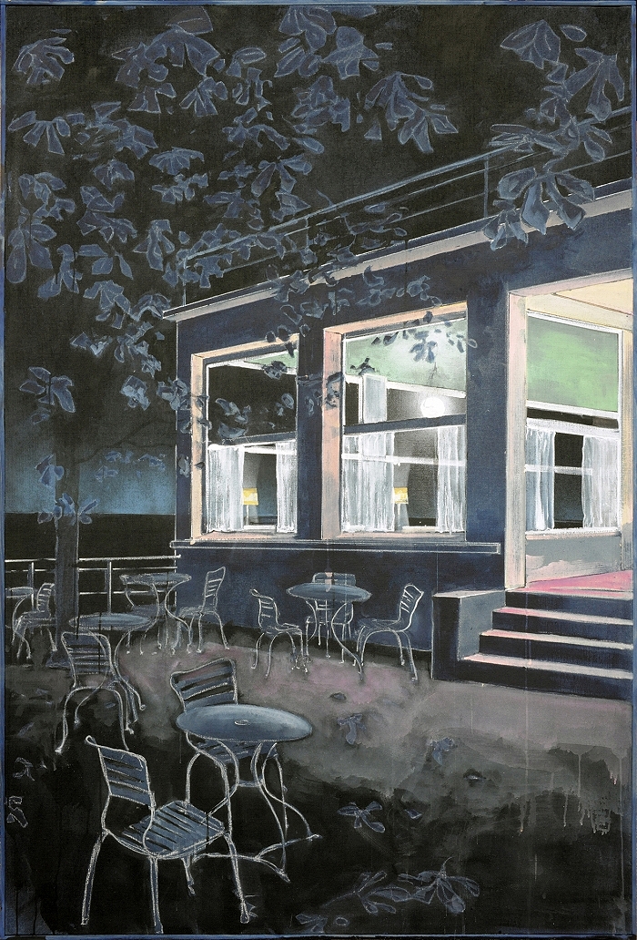 Hotel Terrasse am See — 2021, Acryl auf Leinwand, 182 × 122 cm