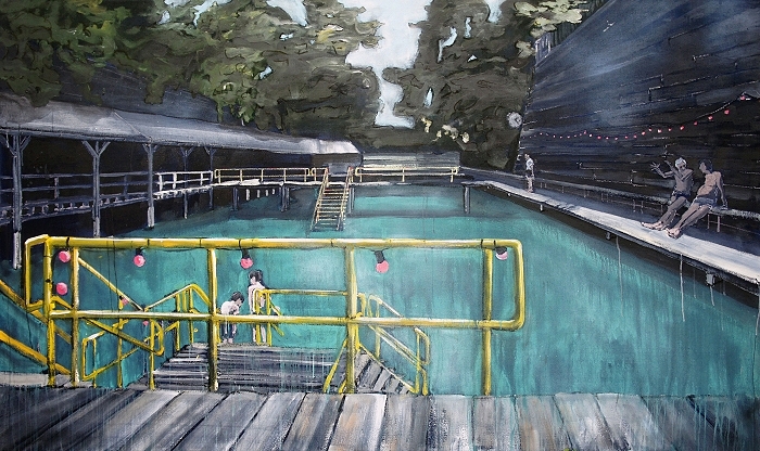 Männerbadi — 2019, Acryl auf Leinwand, 150 × 200 cm