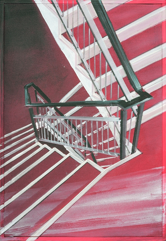 Rotes Treppenhaus — 2023, Acryl auf Baumwolle, 62 × 42 cm